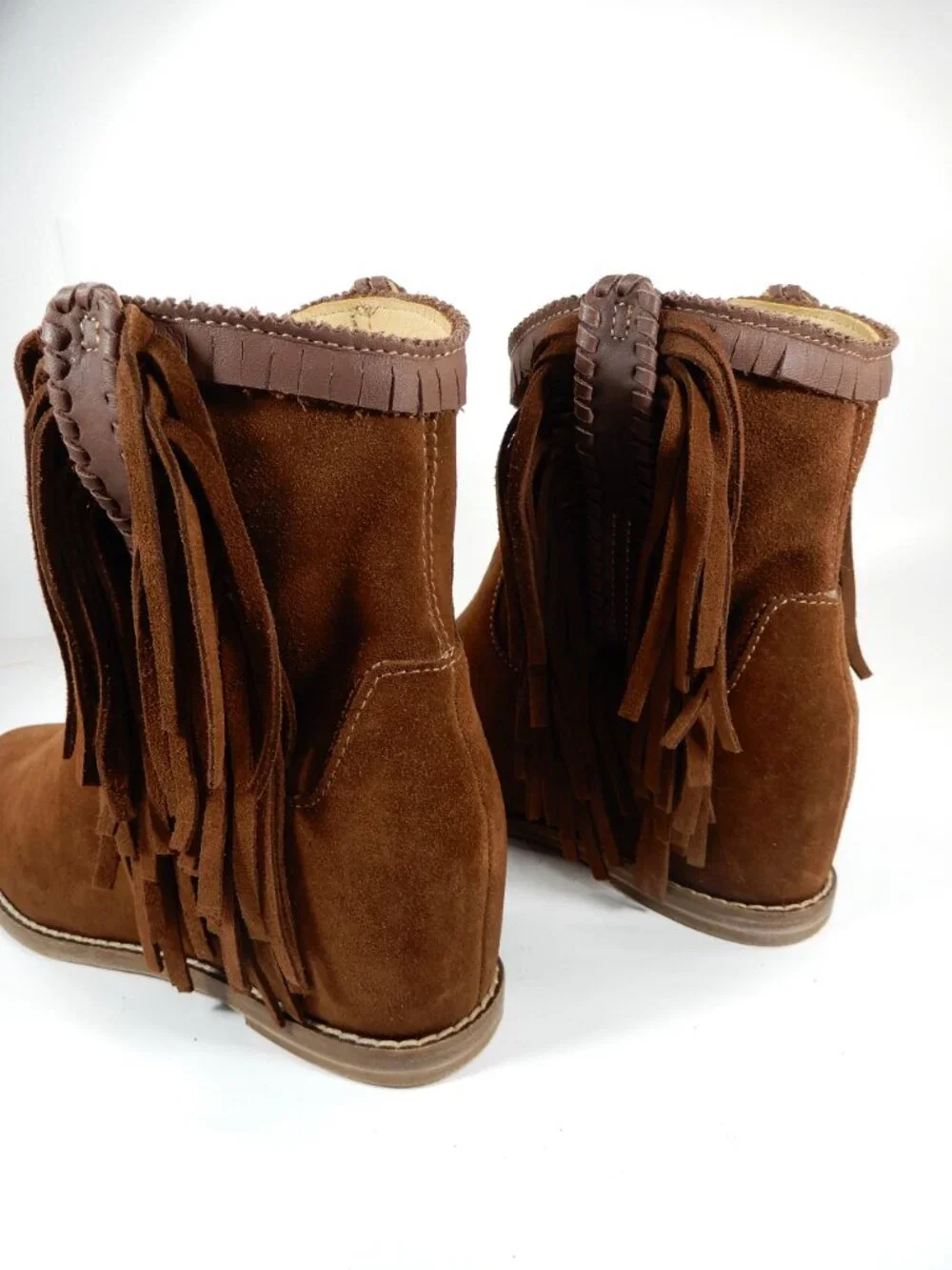 LUCCHESE Hidden Wedge Booties Size 7 Chocolate Brown Suede Fringe Trim NEW
